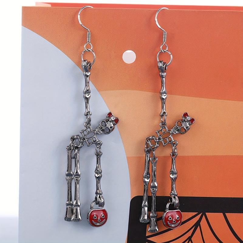 2pcs Halloween Skeleton Earrings & Pumpkin Key Chain Necklace Set