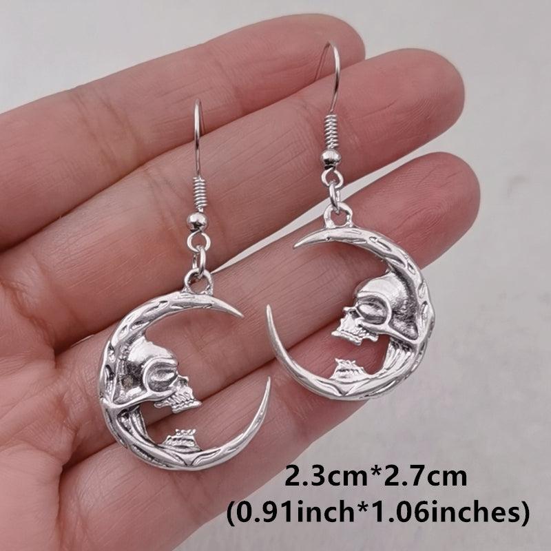 Halloween Moon Skull Dangle Earrings Retro Goth Alloy Jewelry