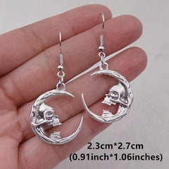 Halloween Moon Skull Dangle Earrings Retro Goth Alloy Jewelry