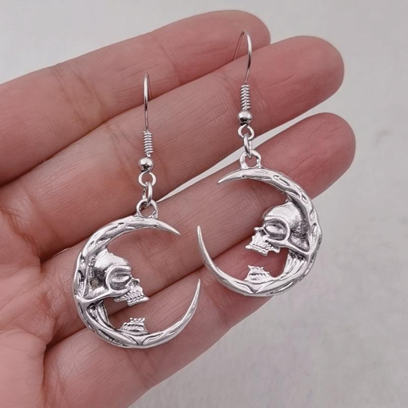 Halloween Moon Skull Dangle Earrings Retro Goth Alloy Jewelry