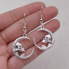 Halloween Moon Skull Dangle Earrings Retro Goth Alloy Jewelry