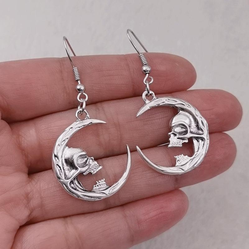 Halloween Moon Skull Dangle Earrings Retro Goth Alloy Jewelry