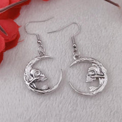 Halloween Moon Skull Dangle Earrings Retro Goth Alloy Jewelry