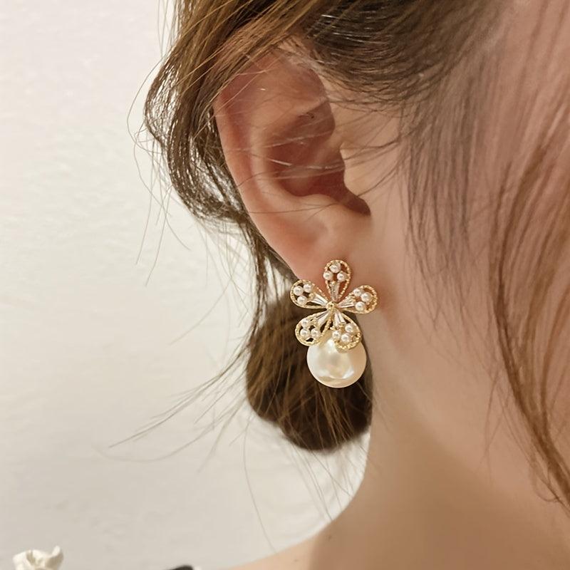 Rhinestone Flowers Unique Earrings Silver Pearl Women