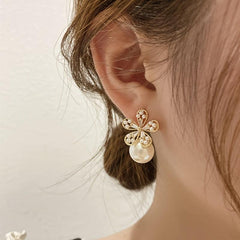 Rhinestone Flowers Unique Earrings Silver Pearl Women