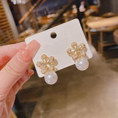 Rhinestone Flowers Unique Earrings Silver Pearl Women