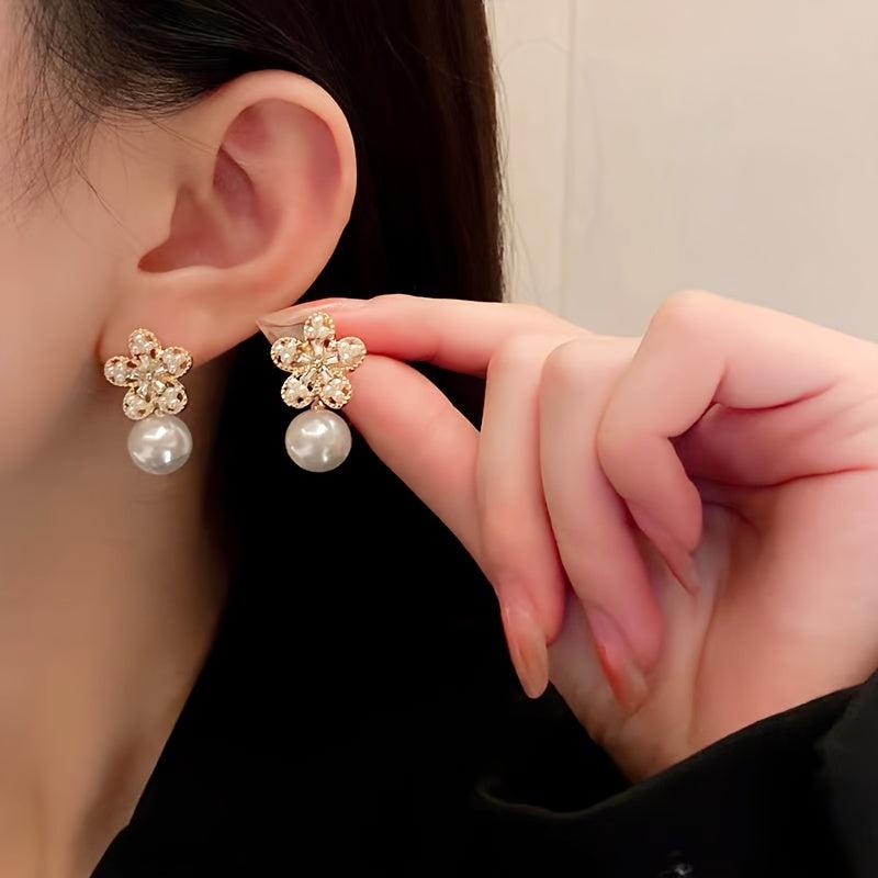 Rhinestone Flowers Unique Earrings Silver Pearl Women