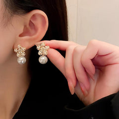 Rhinestone Flowers Unique Earrings Silver Pearl Women