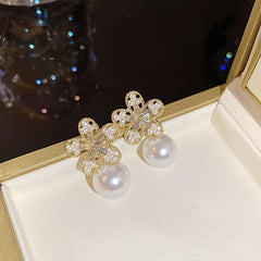 Rhinestone Flowers Unique Earrings Silver Pearl Women