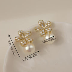 Rhinestone Flowers Unique Earrings Silver Pearl Women