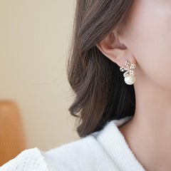 Rhinestone Flowers Unique Earrings Silver Pearl Women