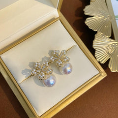 Rhinestone Flowers Unique Earrings Silver Pearl Women