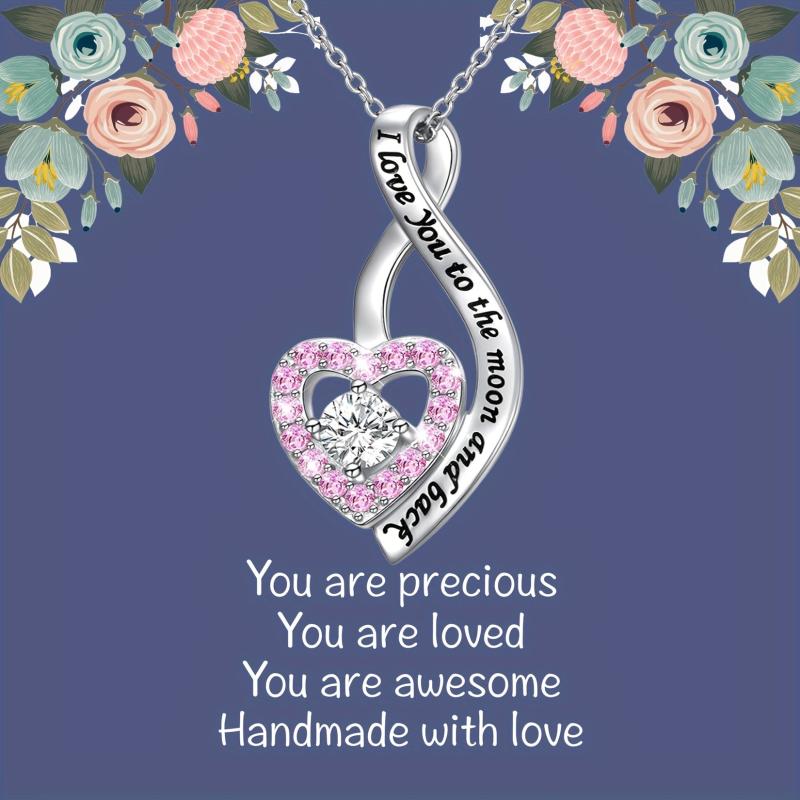 Rhinestone Heart Necklace Engraved Pendant Birthday Christmas Gift