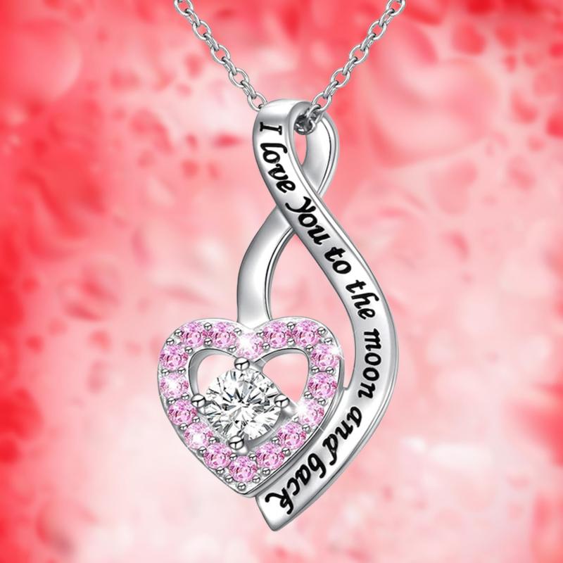 Rhinestone Heart Necklace Engraved Pendant Birthday Christmas Gift
