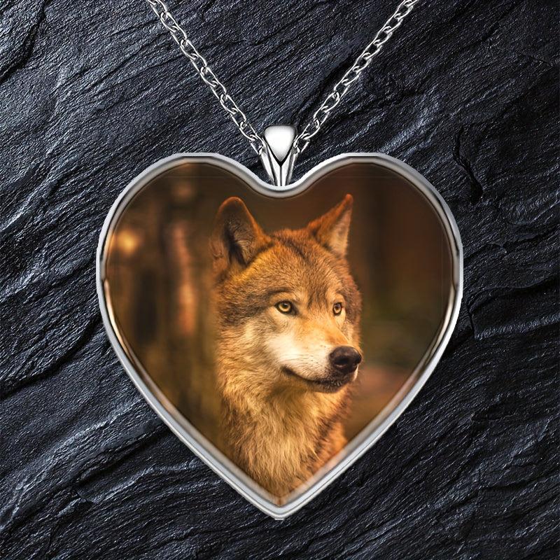 Orange Wolf Heart Pendant Necklace Animal Print Accessory Halloween Gift