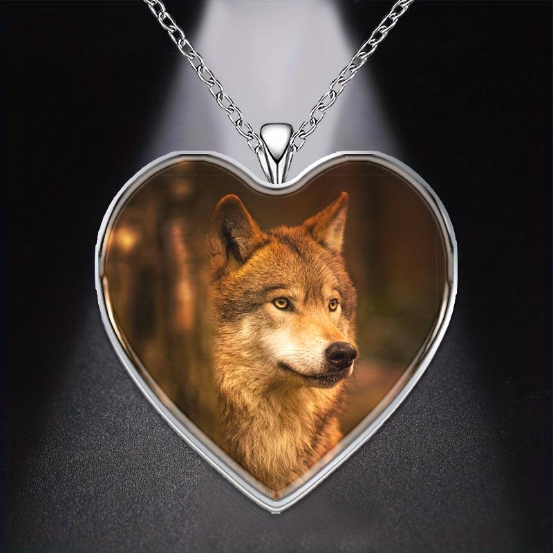 Orange Wolf Heart Pendant Necklace Animal Print Accessory Halloween Gift