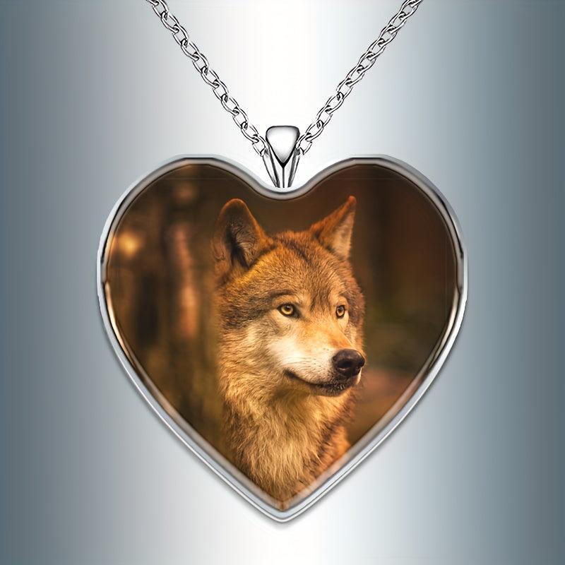 Orange Wolf Heart Pendant Necklace Animal Print Accessory Halloween Gift