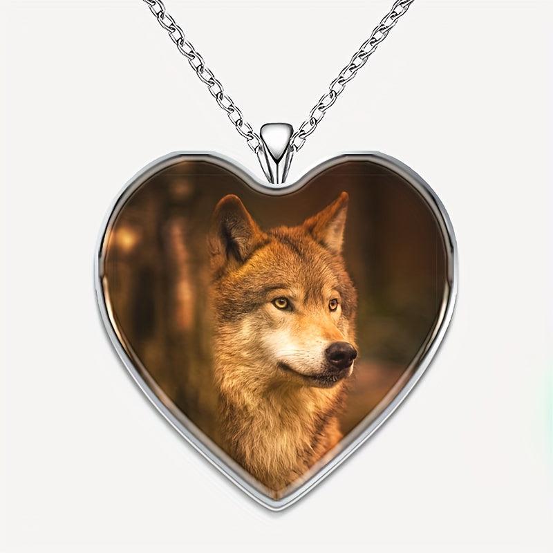 Orange Wolf Heart Pendant Necklace Animal Print Accessory Halloween Gift