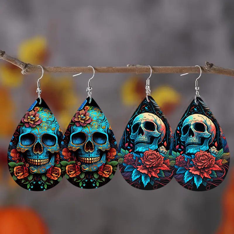 Skull Flower Teardrop Earrings Ethnic Hip Hop Style PU Leather Jewelry