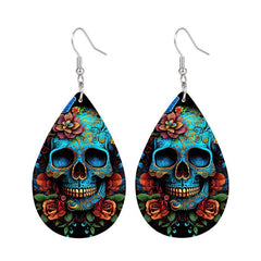 Skull Flower Teardrop Earrings Ethnic Hip Hop Style PU Leather Jewelry
