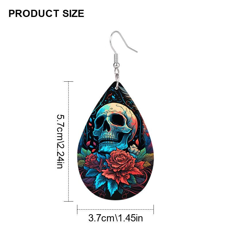 Skull Flower Teardrop Earrings Ethnic Hip Hop Style PU Leather Jewelry