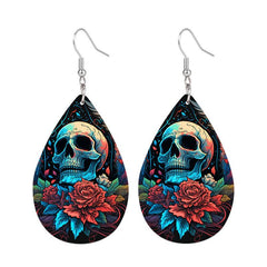 Skull Flower Teardrop Earrings Ethnic Hip Hop Style PU Leather Jewelry