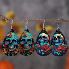 Skull Flower Teardrop Earrings Ethnic Hip Hop Style PU Leather Jewelry