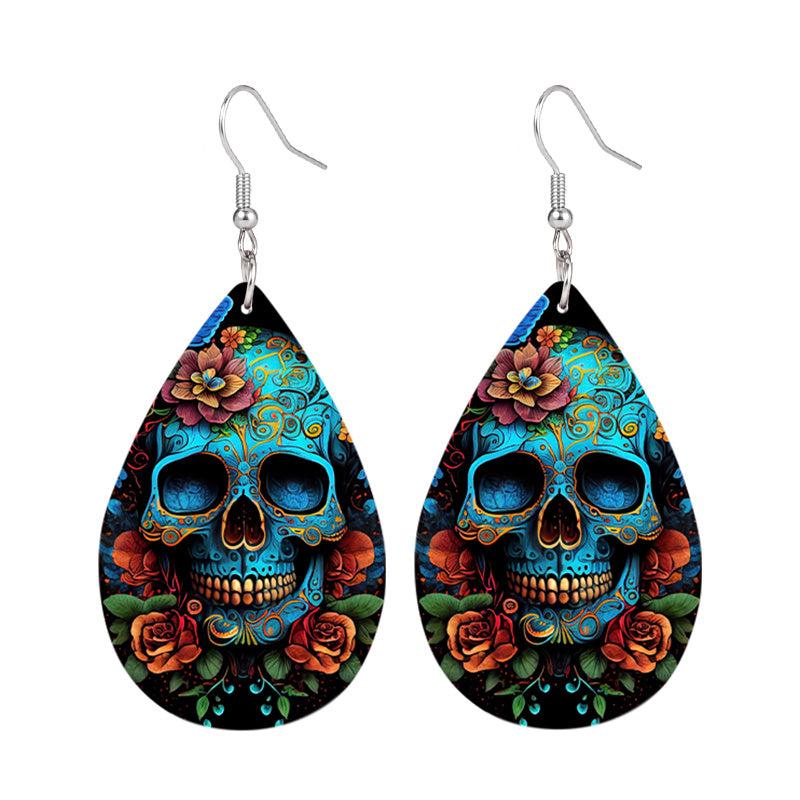 Skull Flower Teardrop Earrings Ethnic Hip Hop Style PU Leather Jewelry