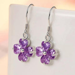 Zircon Four Leaf Drop Earrings Silvery Plated