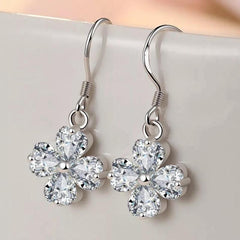 Zircon Four Leaf Drop Earrings Silvery Plated