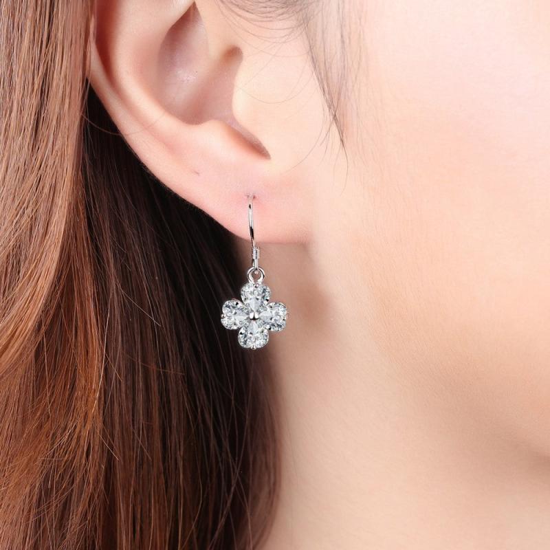 Zircon Four Leaf Drop Earrings Silvery Plated