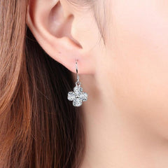 Zircon Four Leaf Drop Earrings Silvery Plated