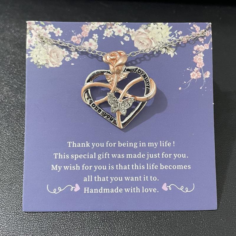 Heart Rose Necklace Valentines Mother's Butterfly Jewelry