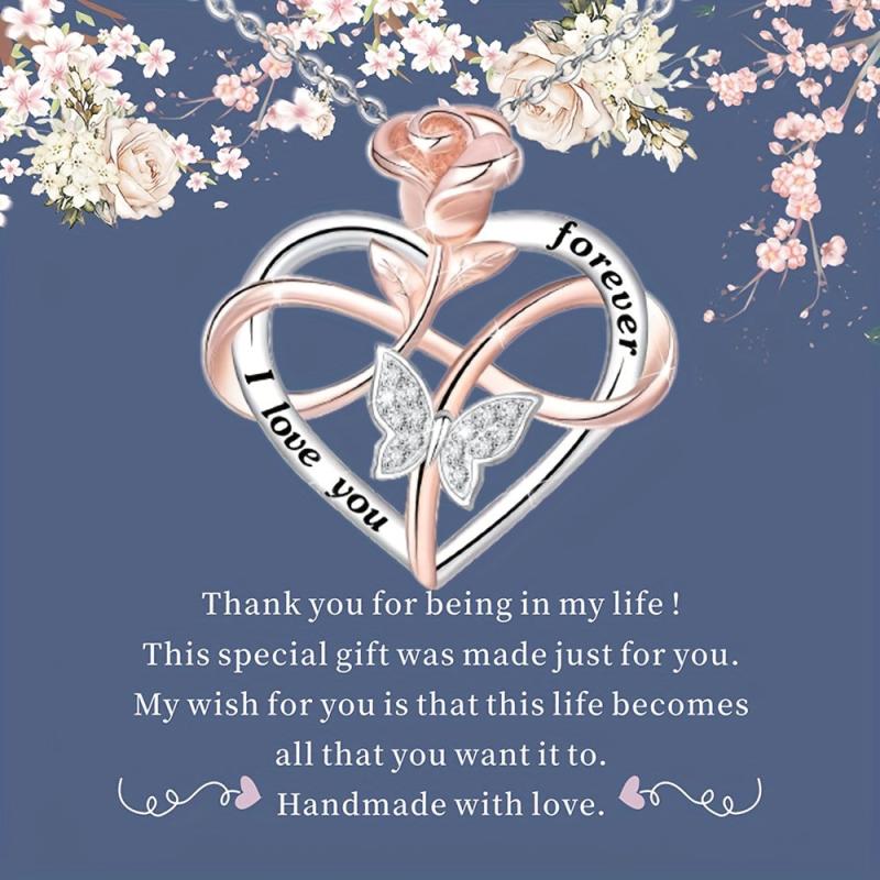Heart Rose Necklace Valentines Mother's Butterfly Jewelry