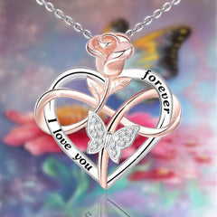 Heart Rose Necklace Valentines Mother's Butterfly Jewelry