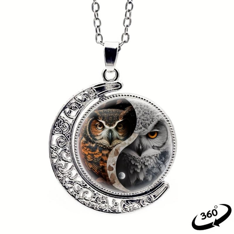 Yin Yang Tai Chi Owl Moon Necklace for Women Men