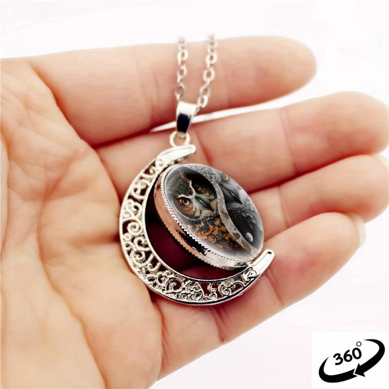 Yin Yang Tai Chi Owl Moon Necklace for Women Men