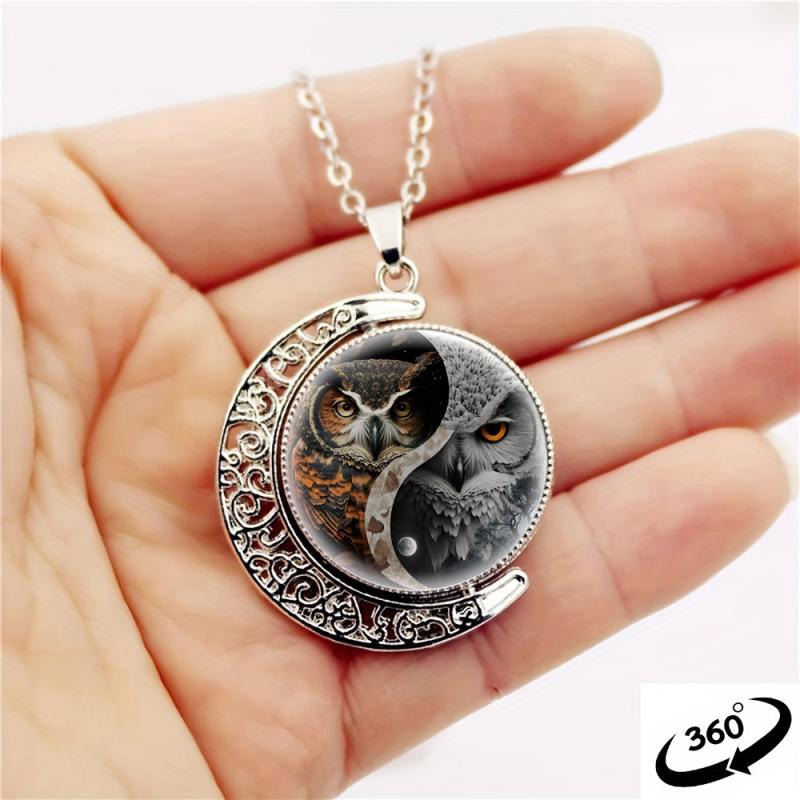 Yin Yang Tai Chi Owl Moon Necklace for Women Men