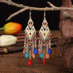 Ethnic Style Argyle Stitching Long Earrings