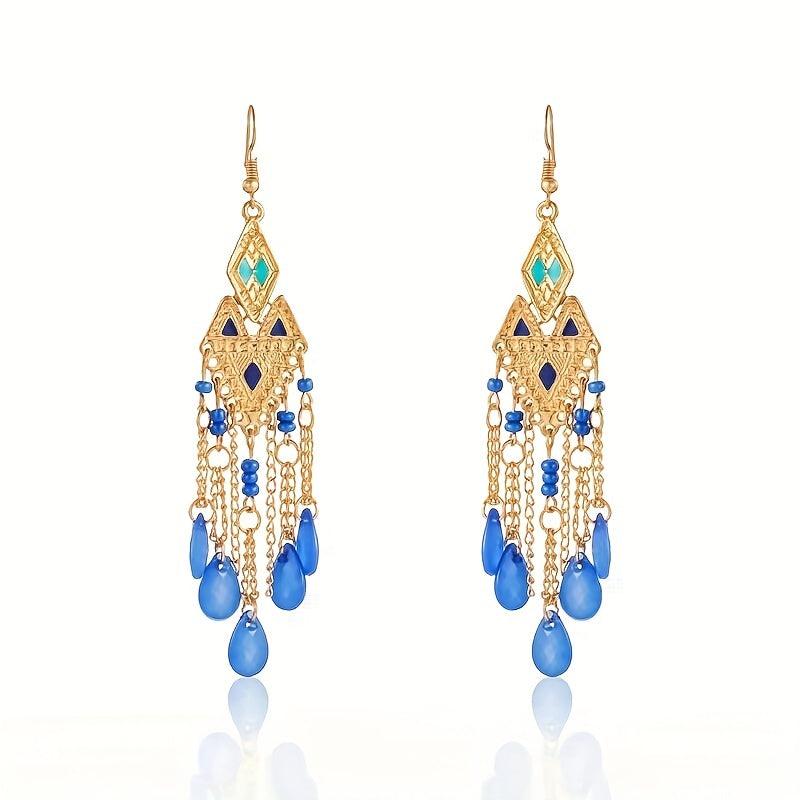 Ethnic Style Argyle Stitching Long Earrings