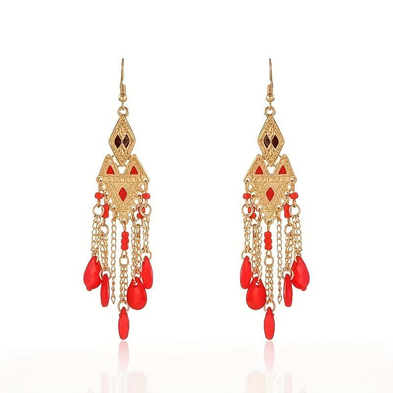Ethnic Style Argyle Stitching Long Earrings