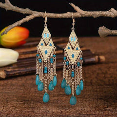 Ethnic Style Argyle Stitching Long Earrings
