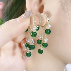 Emerald Cat Eye Stone Tassel Earrings Heart Ear Buckle Female Tide Light