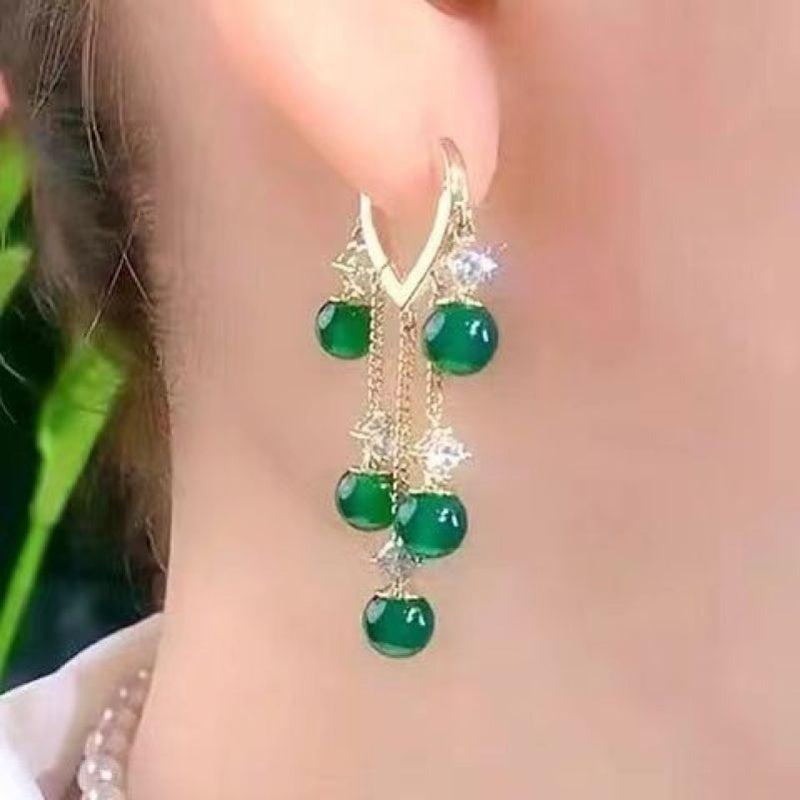 Emerald Cat Eye Stone Tassel Earrings Heart Ear Buckle Female Tide Light