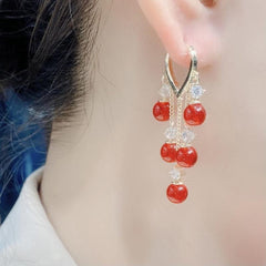 Emerald Cat Eye Stone Tassel Earrings Heart Ear Buckle Female Tide Light