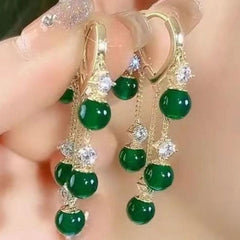 Emerald Cat Eye Stone Tassel Earrings Heart Ear Buckle Female Tide Light