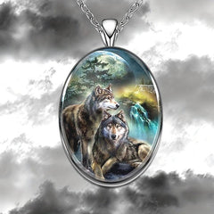 Geometric Two Wolves Pendant Necklace Animal Wolf Necklace