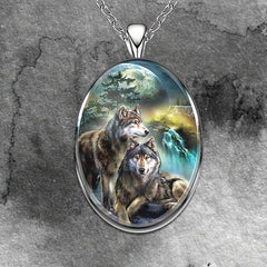 Geometric Two Wolves Pendant Necklace Animal Wolf Necklace