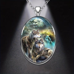 Geometric Two Wolves Pendant Necklace Animal Wolf Necklace