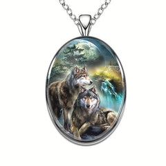 Geometric Two Wolves Pendant Necklace Animal Wolf Necklace
